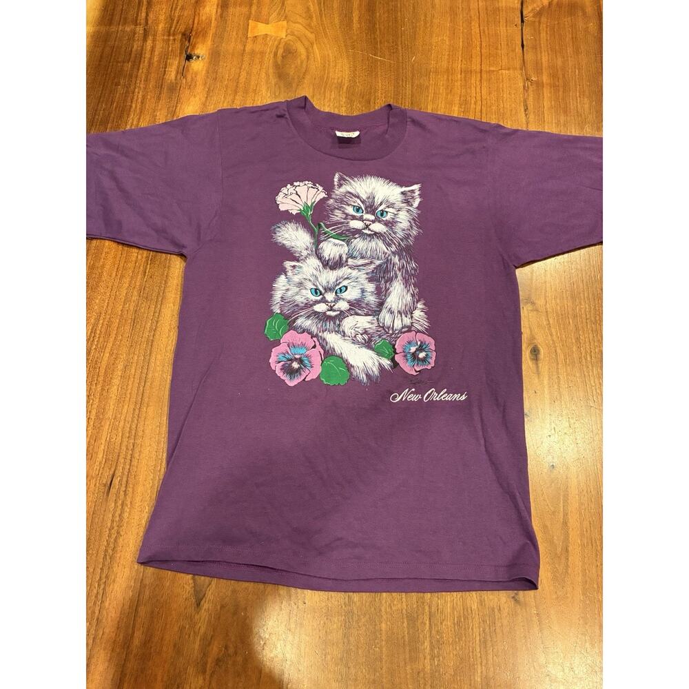 Single Stitch Vintage Cat Shirt Purple Floral Large excellent condition
